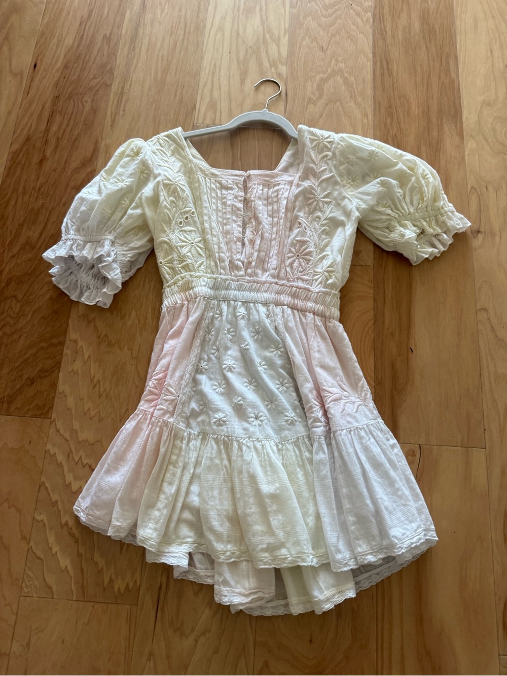 LoveShackFancy White and Pale Pink Eyelet Tiered Mini Dress